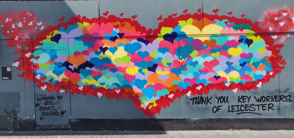 Image of rainbow motif hearts thanking key workers of Leicester