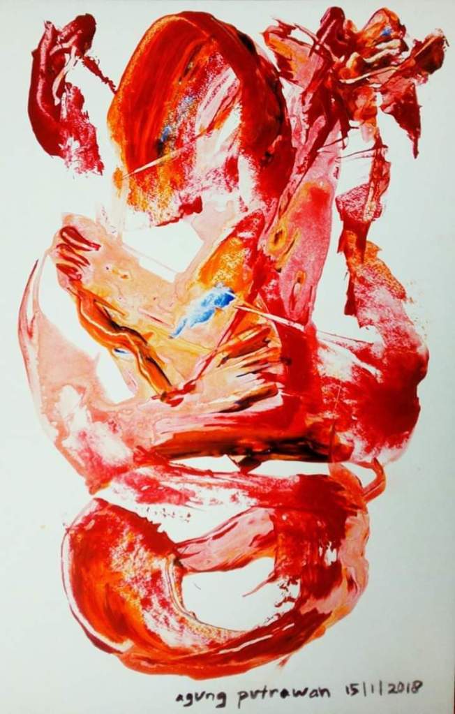 Abstract art by Agung Putrawan composed of red, orange and yellow paints with some hints of blue on white background
