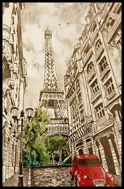 Image of a painting by Kirsty Xenia showing a grey scale street scene with Eiffel Tower behind green trees and a scarlet red Citroen 2 CV car