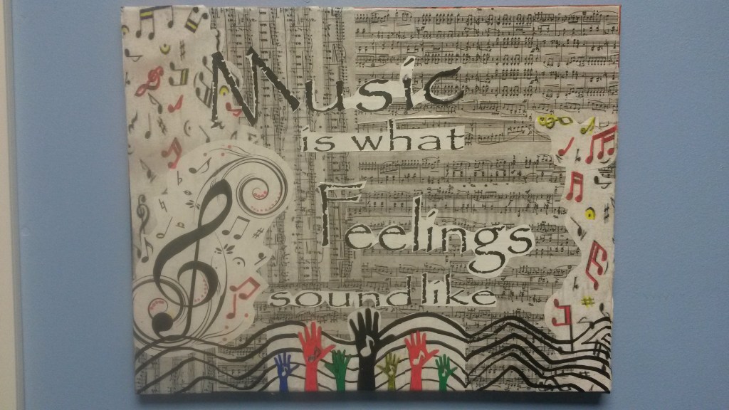 image of a canvas showing the words music is what feelings sound like and an array of musical notes with some representations of raised hands