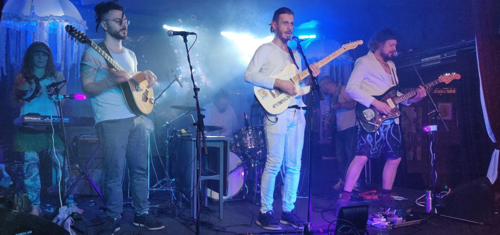 Shanty singing singer songwriter supremos Seas of Mirth on stage with guitars, microphone and keyboard with bright blue and white lights behind